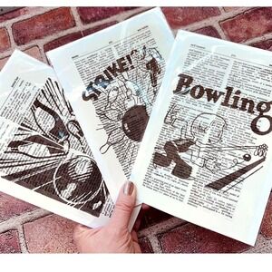 BOWLING Theme - Upcycled Dictionary Art Prints - Lot of 3 - Mini Poster Set